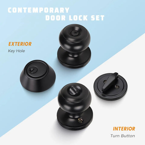 3 Pack Keyed Alike Entry Door Knobs And Single Cylinder Deadbolt Lock Set Matte Black Finish showing exterior keyhole and interior thumb turn