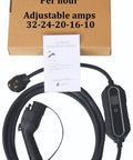 Portable Level 2 EV Charger Up To 32 Amps Adjustable 240V Power with 20ft cable, user manual, plug and play setup.