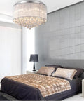 Flush Mounted Luxury Contemporary Drum Ceiling Chandelier Light Fixture with cylinder lamp shade in bedroom setting