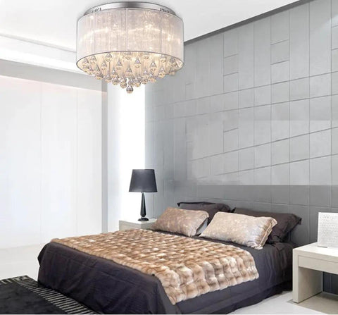 Flush Mounted Luxury Contemporary Drum Ceiling Chandelier Light Fixture with cylinder lamp shade in bedroom setting