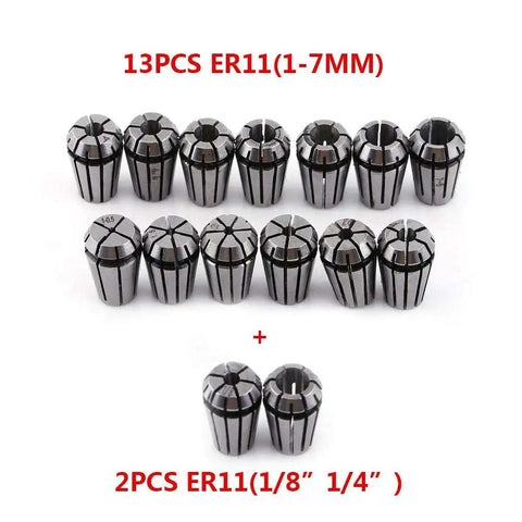 15 Piece ER11 Collet Set for CNC Milling and Engraving Spring Steel Workholding Chuck, sizes 1mm-7mm plus 1/8 inch, 1/4 inch