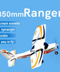 RC Plane Ranger Trainer With 850 Millimeter Wingspan 33.4 Inch 4 Channel Beginner Friendly PNP Reflex V3 No Radio Battery Or Charger Included Ready To Fly shown in flight angle, highlighting stability and easy flying features.