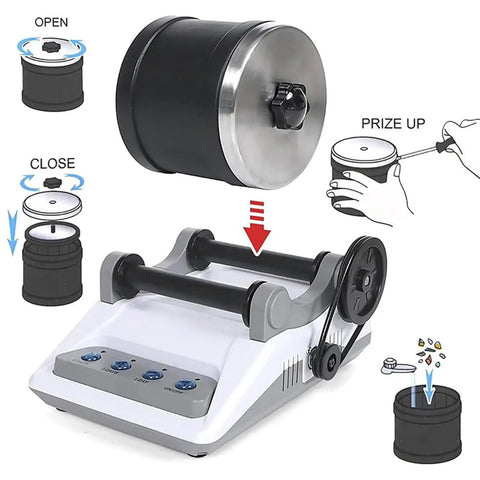 Rock Tumbler Polisher Kit Electric Gem Grinder With Timer Buttons showing assembly and gemstone polishing process