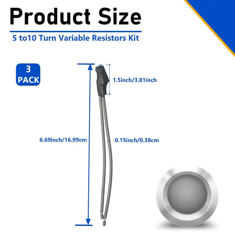 3 Pack 5 To 10 Turn Variable Resistor Kit dimensions graphic showing sizes: 6.69inch, 1.5inch, and 0.15inch for audio gear upgrades.