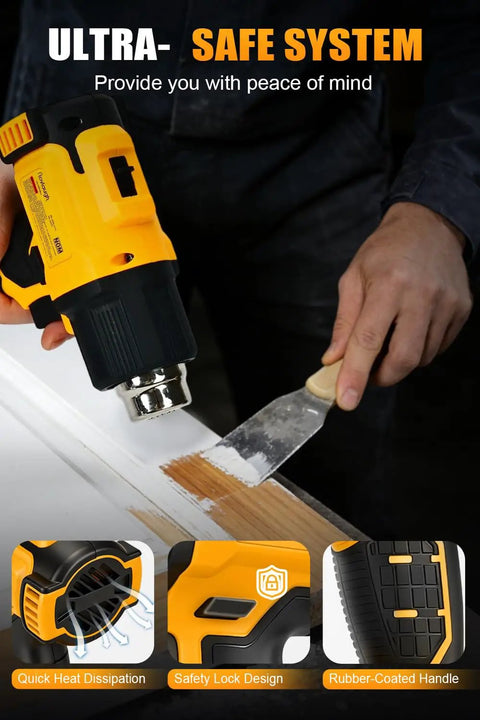 Person using Cordless Heat Gun With LED, Same Specs As Top Model, 990F Max on wood, featuring flat nozzle attachment.
