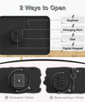 Kids Mini Safe Cash Box with coin, bill slot, USB backup; features digital keypad, key lock for easy access; black macaron finish.
