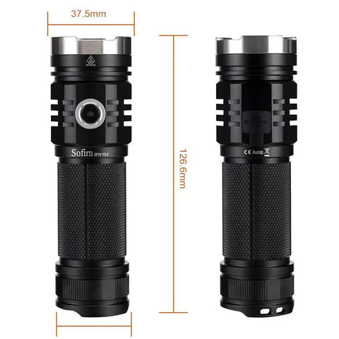 Beast Mode 3500 Lumen USB C Rechargeable Flashlight For Camping And Hiking, dual-view showing measurements and rugged design