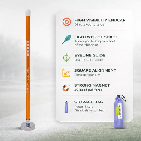 Magnetic Golf Alignment Rods for Instant Swing Feedback and features list, includes storage bag, orange rod shown upright