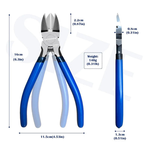 6 Inch Precision Wire Cutters For Jewelry Making, Ultra Sharp Flush Cutters with blue and black handles, size and dimension details
