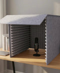 Dang Clean Kickass Desktop Soundproof Mic Booth With Dense Acoustic Foam Panels For Podcast Recording Streaming And Video Calls Portable Studio Isolation Shield on a wooden desk with a microphone inside.