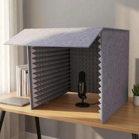 Dang Clean Kickass Desktop Soundproof Mic Booth With Dense Acoustic Foam Panels For Podcast Recording Streaming And Video Calls Portable Studio Isolation Shield on a wooden desk with a microphone inside.