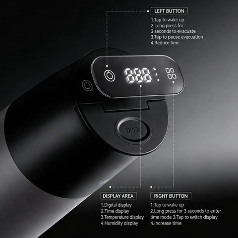 Smart Electric Vacuum Coffee Canister With Bright Digital Screen And Handy Timer showing top buttons and display features.