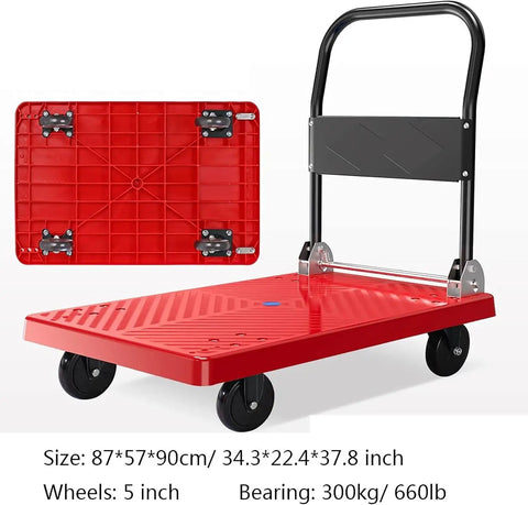 Heavy Duty Folding Platform Cart And Four Wheel Hand Truck That Makes Moving Heavy Loads No Sweat For Hauling Grocery Gear Garden Supply Paper Cardboard Boxes Around House Or Warehouse Daily, red, 660 lb capacity