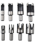 Top Shelf Heavy Duty Titanium Coated Wood Plug Hole Cutter Set Packing Eight Badass Dowel Borer Bits arranged in various sizes.