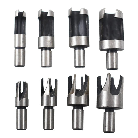 Top Shelf Heavy Duty Titanium Coated Wood Plug Hole Cutter Set Packing Eight Badass Dowel Borer Bits arranged in various sizes.
