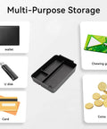 Armrest Box Storage Tray With PVC Mats For Hyundai Santa Fe 2024 2025 2026 shown with wallet, chewing gum, USB, cards, coins