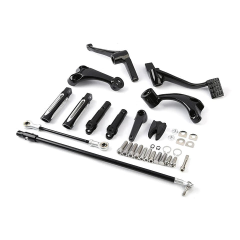 Ride Ready Forward Control Foot Pegs And Lever Linkage Kit For Harley Sportster XL Models 2014 2022 Fits Super Low XL1200T Seventy Two XL1200V Forty Eight XL1200X XL883 Custom Shifter And Brake Levers Included. Black metal forward controls kit with pegs, levers, linkage, and hardware