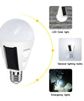 4 Pack Rechargeable Battery Backup LED Light Bulbs For E26 And E27 Bases Emergency Home Power Outage Lighting White Daylight 6000K Solar Powered Ideal For Hurricane Prep Outdoor Camping And Home Use shown with solar panel and emergency lighting use.