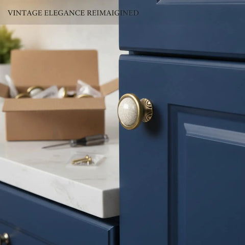 Crackle Finish Ceramic Cabinet Knobs With Heavy Duty Zinc Alloy Core Decorative Furniture Hardware Badass Grip Quality Sweet Vintage Charm Smooth Kitchen Bedroom Bathroom Drawer Handle Setup on blue cabinet.
