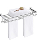 Big Stainless Steel Towel Rack And Shelf With Two Bars, 29.37 Inch Wall Mount Shower Organizer In Modern Square Style