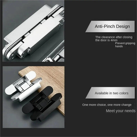 Pair Of Heavy Duty Hidden Door Hinges For Wood Cabinets Adjustable Black Folding Hardware Built Tough Eighty Kilogram Bearing Capacity With Sleek Concealed Finish in silver and black.