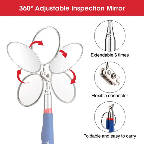 Four Piece Telescoping Magnetic Pick Up Tool Kit With Flexible Grabber A Real Workhorse For Reaching Under Cars Two Magnetic Pick Up Tools 2 Lb And 16 Lb And Four Claw Grabbers Plus Telescoping Inspection Mirror For Auto Repair And Car Maintenance with 360-degree adjustable mirror, extendable handle, flexible connector.