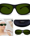 Kick Your Tanning Routine Up A Notch With These Broad Spectrum Laser Safety Glasses Featuring Green Lenses To Shield Your Peepers From Uv And Infrared Beams Ansi Certified in black frame.