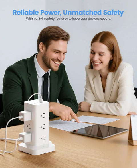 Game Changing Power Strip Tower Surge Protector With Pd Fast Charging Usb C Ports And Twelve Ac Outlets Smart Charging Station on desk