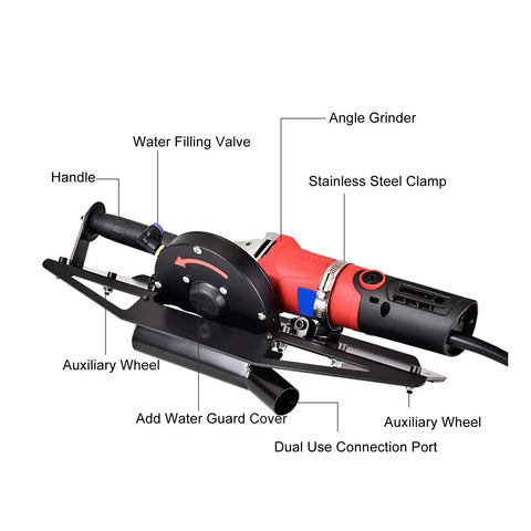 Straight Shot 45 Degree Tile Chamferer And Electric Bevel Cutter Adapter compatible with angle grinder, featuring aluminum base and water guard.