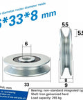 Two Pack 6x33x8 Mm V Groove Bearing Pulley Wheel Set In Stainless Steel Wire Guide Roller For Lifting Mechanical Parts Heavy Duty Rustproof Construction With Silent Smooth Operation For Indoor And Outdoor Use, side view with 33mm diameter
