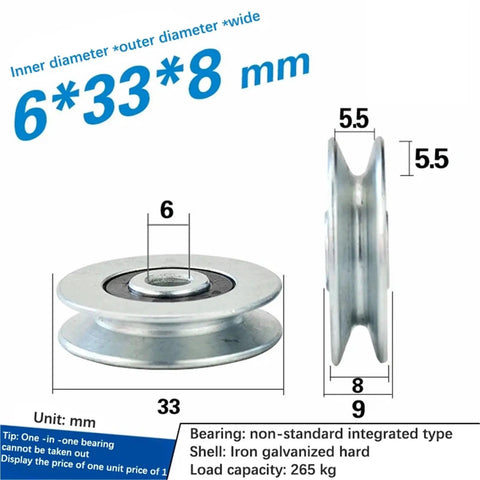 Two Pack 6x33x8 Mm V Groove Bearing Pulley Wheel Set In Stainless Steel Wire Guide Roller For Lifting Mechanical Parts Heavy Duty Rustproof Construction With Silent Smooth Operation For Indoor And Outdoor Use, side view with 33mm diameter
