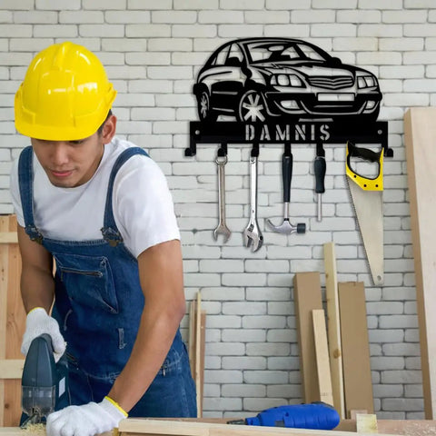 Custom Name Car Key Wall Mount Organizer Rack for Car Lovers, used as tool holder in a workshop setting