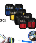 30 Piece Terminal Removal Tool Kit With Stainless Steel Extractors for Electrical Connectors in black cases, showing use in repairs.
