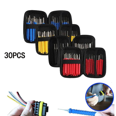 30 Piece Terminal Removal Tool Kit With Stainless Steel Extractors for Electrical Connectors in black cases, showing use in repairs.
