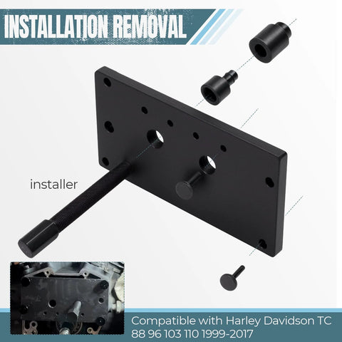 Cam bearing installer tool for Harley Twin Cam engines (1999–2017); black mounting plate with threaded rod and spacers.