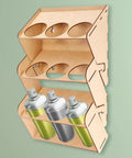 Straight Up Solid Nine Hole Wooden Spray Can Holder And Paint Bottle Rack for Garage Wall Mounted Organizer displaying three paint cans.