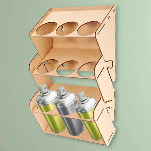 Straight Up Solid Nine Hole Wooden Spray Can Holder And Paint Bottle Rack for Garage Wall Mounted Organizer displaying three paint cans.