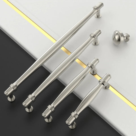 10 Pack 5 Inch Brushed Satin Nickel Cabinet Handles for Kitchen Cabinets and Drawers, Durable Cabinet Pulls on black and white surface