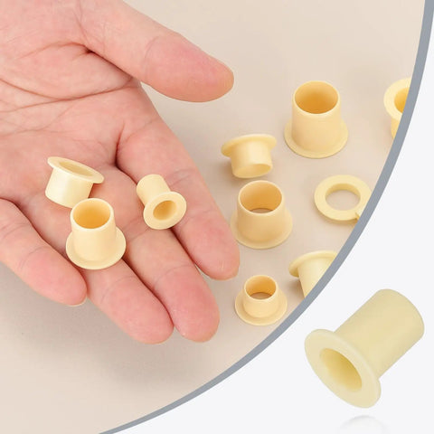 Hand holding 8mm ID 10mm OD Flanged Sleeve Bearing Kit POM Plastic Bushing 15mm Length Yellow 8 Pack Durable For Precision And Quiet Operation In Small Machines For DIY Projects