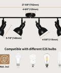 Four Light Black Industrial Track Lighting Fixture With E26 Base, ceiling mount, directional spotlight kit, bulbs not included