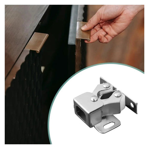 Stylish Double Roller Cabinet Latches With Spring Action For Cupboards Drawers Doors Ensure Easy Auto Locking And Smooth Closing In Kitchens Wardrobes Storage Units, showing cabinet latch installation.