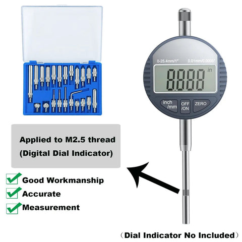 Precision Dial Indicator Extension Kit With 22 Pieces, Tips, And Tools For Accurate Measurements, Dial Gauge Extensions And Replacement Tips For Calibration And Pro Level Machining. M2.5 thread set with digital dial indicator