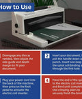Instructions for using the Coil Binding Machine With Electric Inserter And Foot Pedal For Fast Easy Doc Binding shown on a desk.