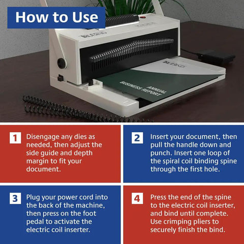 Instructions for using the Coil Binding Machine With Electric Inserter And Foot Pedal For Fast Easy Doc Binding shown on a desk.
