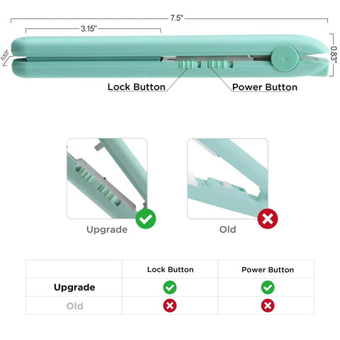 Portable Handheld Heat Sealer For Food Plastic Bags And Mylar Aluminum Foil Packaging Quick Warm Up Resealing Tool showing lock and power buttons.