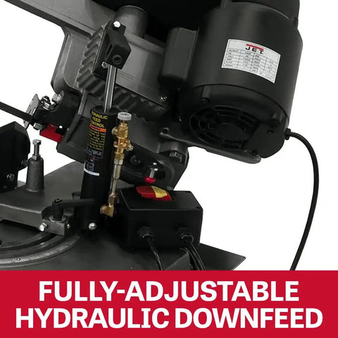 Five Inch By Six Inch Mitering Horizontal Bandsaw Built Tough With Hydraulic Downfeed Half Horsepower Volts 115 Or 230 Single Phase Mitering Head Swivel From 0 To 60 Degrees Deluxe Enclosed Stand With Wheels Adjustable Material Stop Ball Bearing Drive