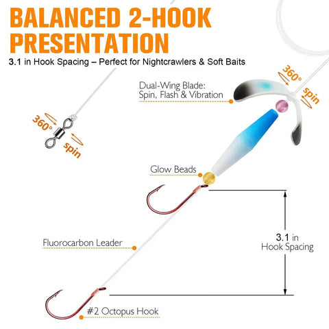 Crawler Harness Walleye Rigs With Dual Wing Blade Inline Float Glow Beads Fluorocarbon Worm Harness Size 2 Red Octopus Hooks Slow Troll