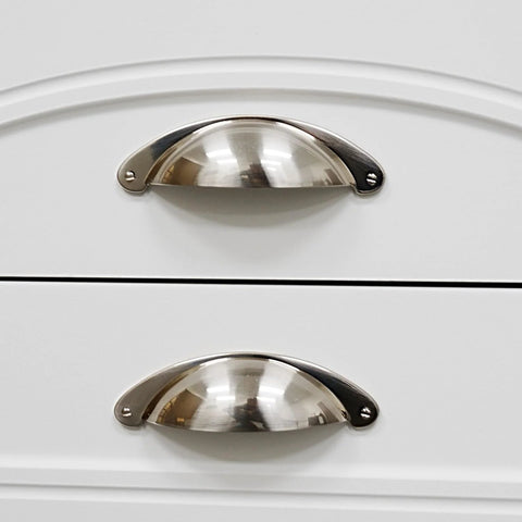10 Pack 3 Inch Cabinet Cup Pulls In Brushed Nickel for kitchen cabinets, satin nickel handles on white drawers, zinc alloy hardware