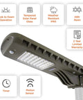 Powerful 12-Watt Waterproof Outdoor Solar Security Light With PIR Motion Sensor And Timer, Bright White Area Flood Light showing warranty and features.