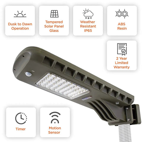 Powerful 12-Watt Waterproof Outdoor Solar Security Light With PIR Motion Sensor And Timer, Bright White Area Flood Light showing warranty and features.